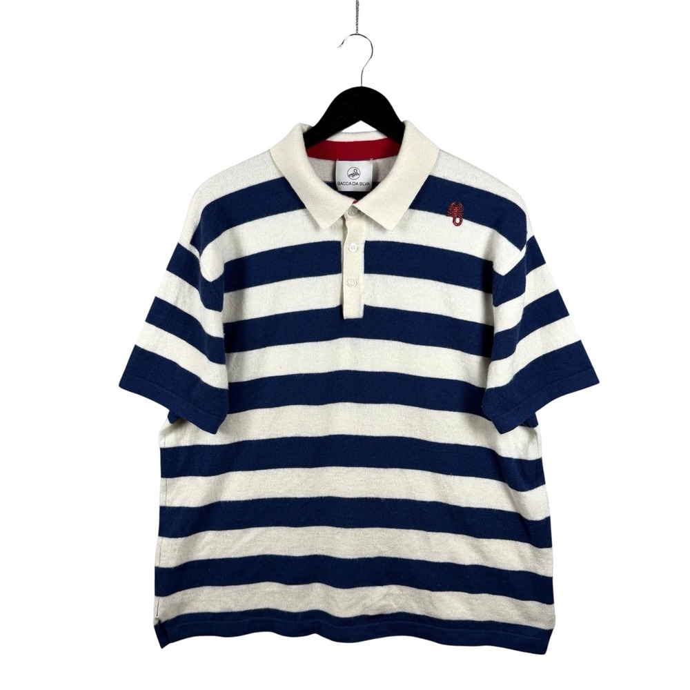 Bacca Da Silva Cashmere Polo Shirt Navy White Striped Short Sleeve Men's L -READ